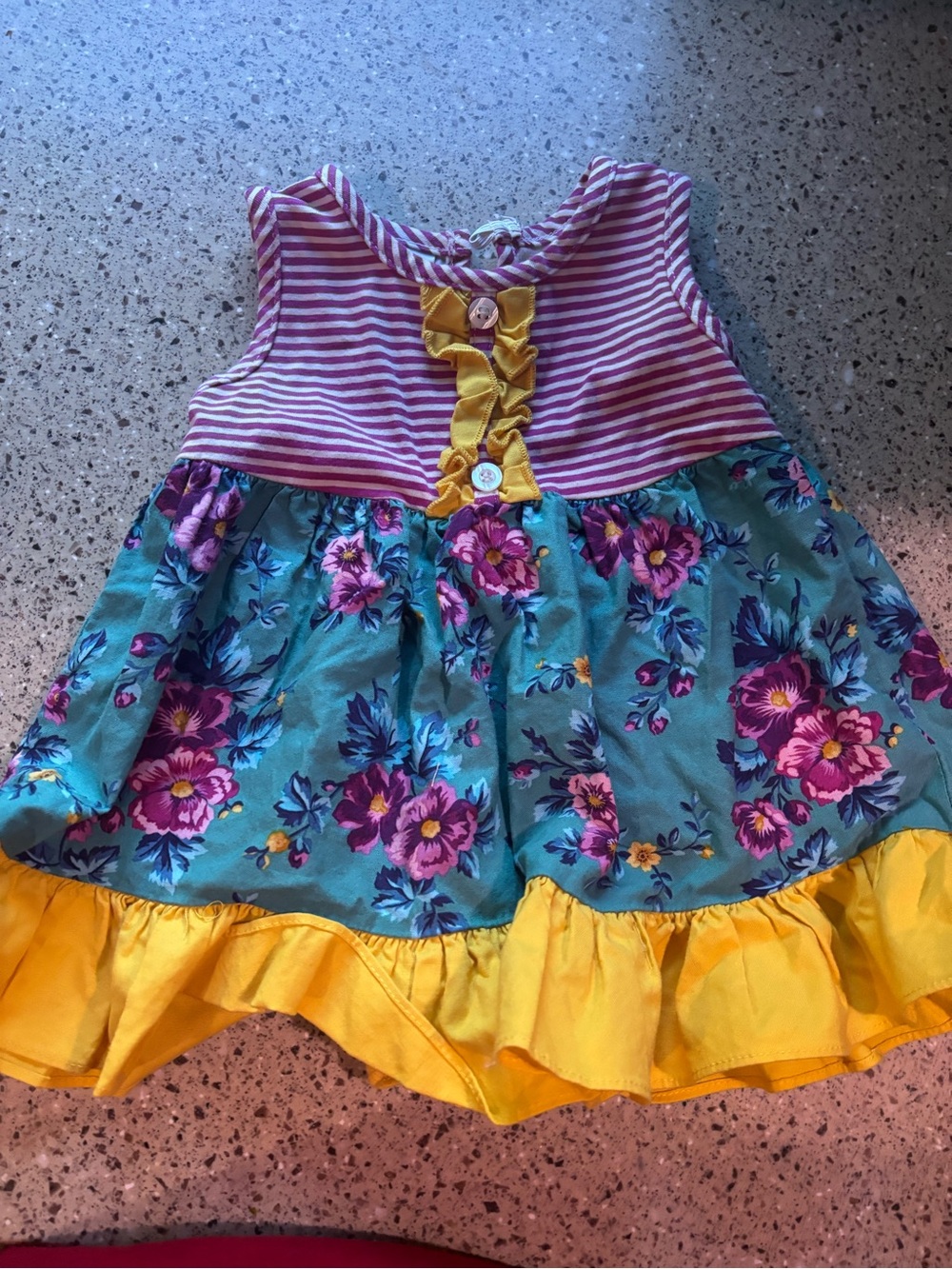 Girls' Teal Floral and Pink Striped Dress with Yellow Ruffle